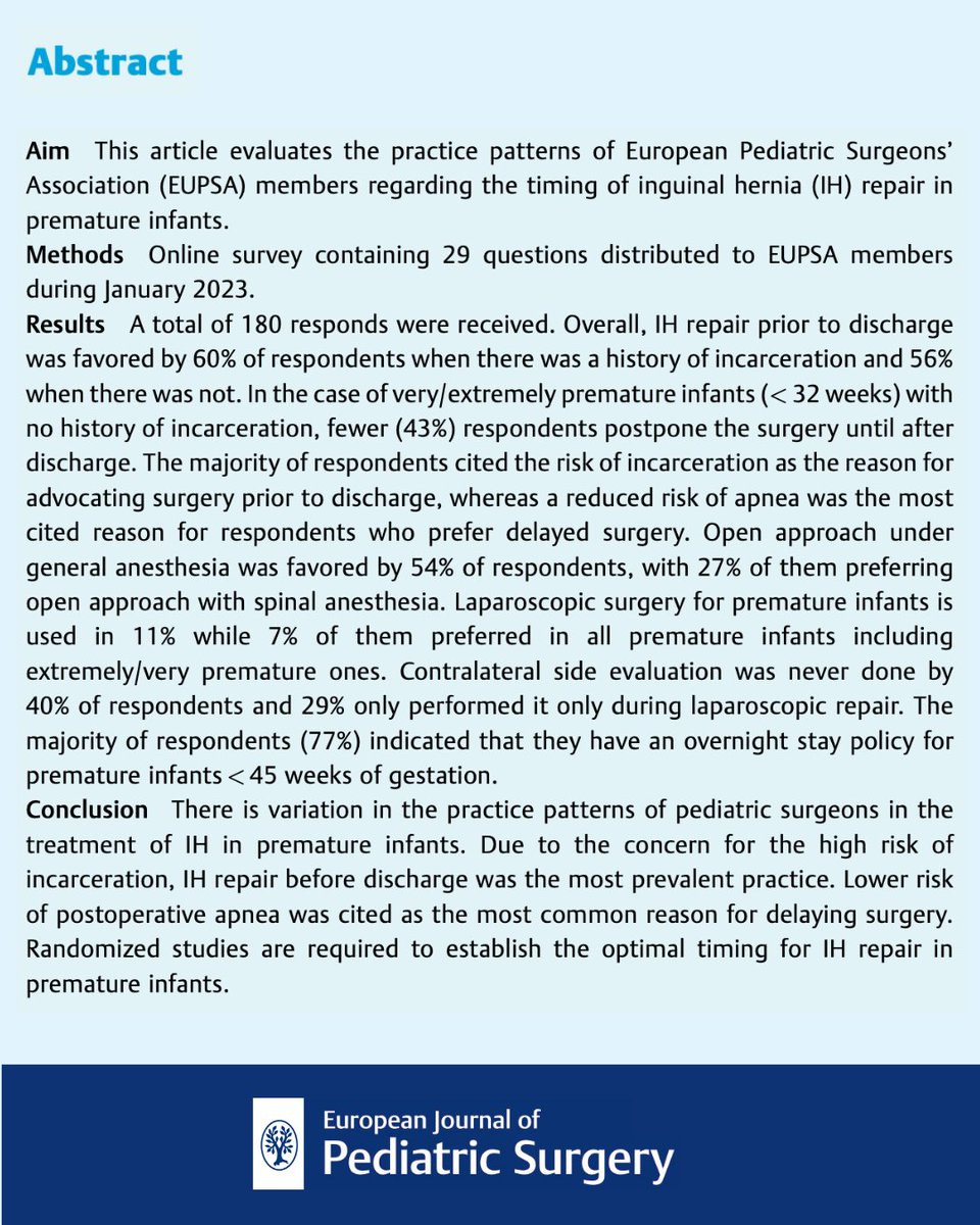 European Journal of Pediatric Surgery & Reports (@ejps_reports) on Twitter photo 📢 When should preterm infants undergo inguinal #herniarepair? A survey of 180 pediatric surgeons (EUPSA)reveals:
💬 What’s your approach? #PedsSurg #Neonatology See this Instagram post by <a href="/ejps_reports/">European Journal of Pediatric Surgery & Reports</a> instagram.com/p/DG4MiovxGX6/… 📢 When should preterm infants undergo inguinal #herniarepair? A survey of 180 pediatric surgeons (EUPSA)reveals:
💬 What’s your approach? #PedsSurg #Neonatology See this Instagram post by <a href="/ejps_reports/">European Journal of Pediatric Surgery & Reports</a> instagram.com/p/DG4MiovxGX6/…
