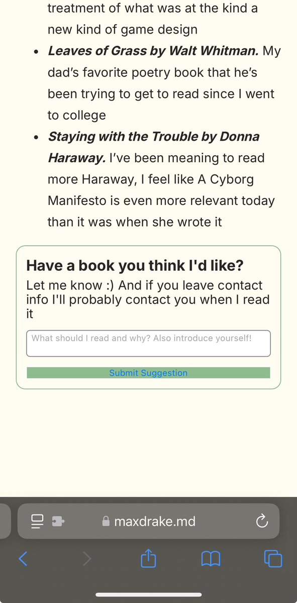 I fucked up my tailwind config super badly so I gave up on styling but! I added a suggestion form to the very incomplete reading list on my website, made with a <a href="/ValDotTown/">Val Town</a> and their built in email library to email me whatever you all suggest