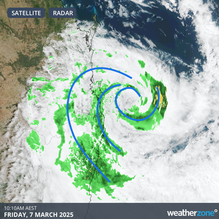Alfred's rain is coming through in bands (highlighted by the blue lines in this image). This means people in southeast Queensland and northeast NSW might see periods of drier weather in between periods of squally rain today.