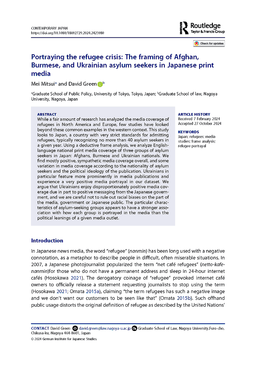 Contemporary Japan (@cj_jrnl) on Twitter photo How does the Japanese press portray Afghan, Burmese & Ukrainian asylum seekers? Mei Mitsui & David Green <a href="/NagoyaUniv_GSL/">Nagoya University Graduate School of Law</a> suggest a comparatively more positive image of Ukrainians regardless of newspapers' political leanings <a href="/japansocsci/">Japan Social Science Research</a> <a href="/tandfjapan/">Taylor & Francis Group Japan</a> doi.org/10.1080/186927… How does the Japanese press portray Afghan, Burmese & Ukrainian asylum seekers? Mei Mitsui & David Green <a href="/NagoyaUniv_GSL/">Nagoya University Graduate School of Law</a> suggest a comparatively more positive image of Ukrainians regardless of newspapers' political leanings <a href="/japansocsci/">Japan Social Science Research</a> <a href="/tandfjapan/">Taylor & Francis Group Japan</a> doi.org/10.1080/186927…