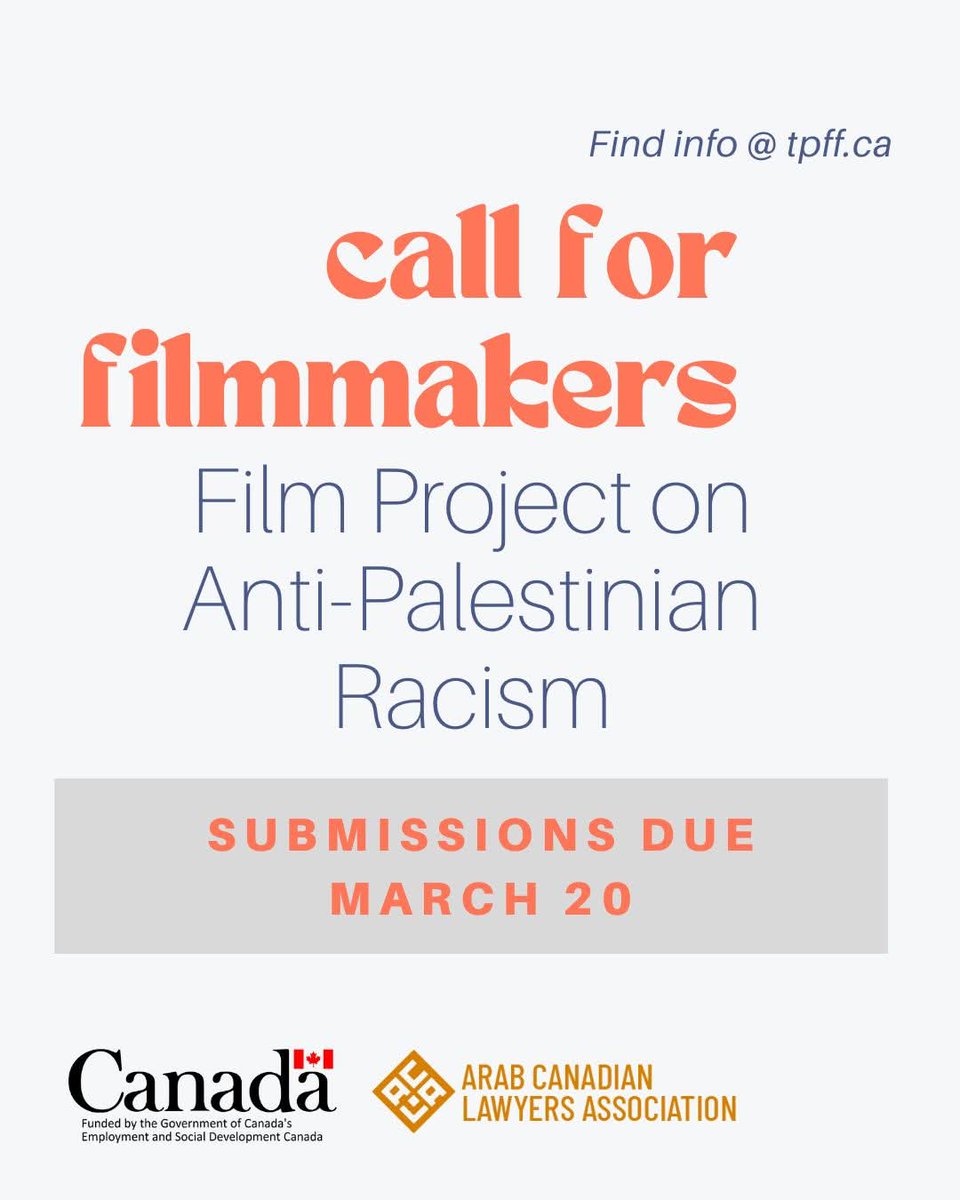 Arab Canadian Lawyers Assoc. (@canarablaw) on Twitter photo In partnership with Toronto Palestine Film Festival, check out our call for submissions for film projects on anti-Palestinian racism Details here: tpff.ca/call-for-filmm…. Funding by <a href="/CdnHeritage/">Canadian Heritage</a> In partnership with Toronto Palestine Film Festival, check out our call for submissions for film projects on anti-Palestinian racism Details here: tpff.ca/call-for-filmm…. Funding by <a href="/CdnHeritage/">Canadian Heritage</a>