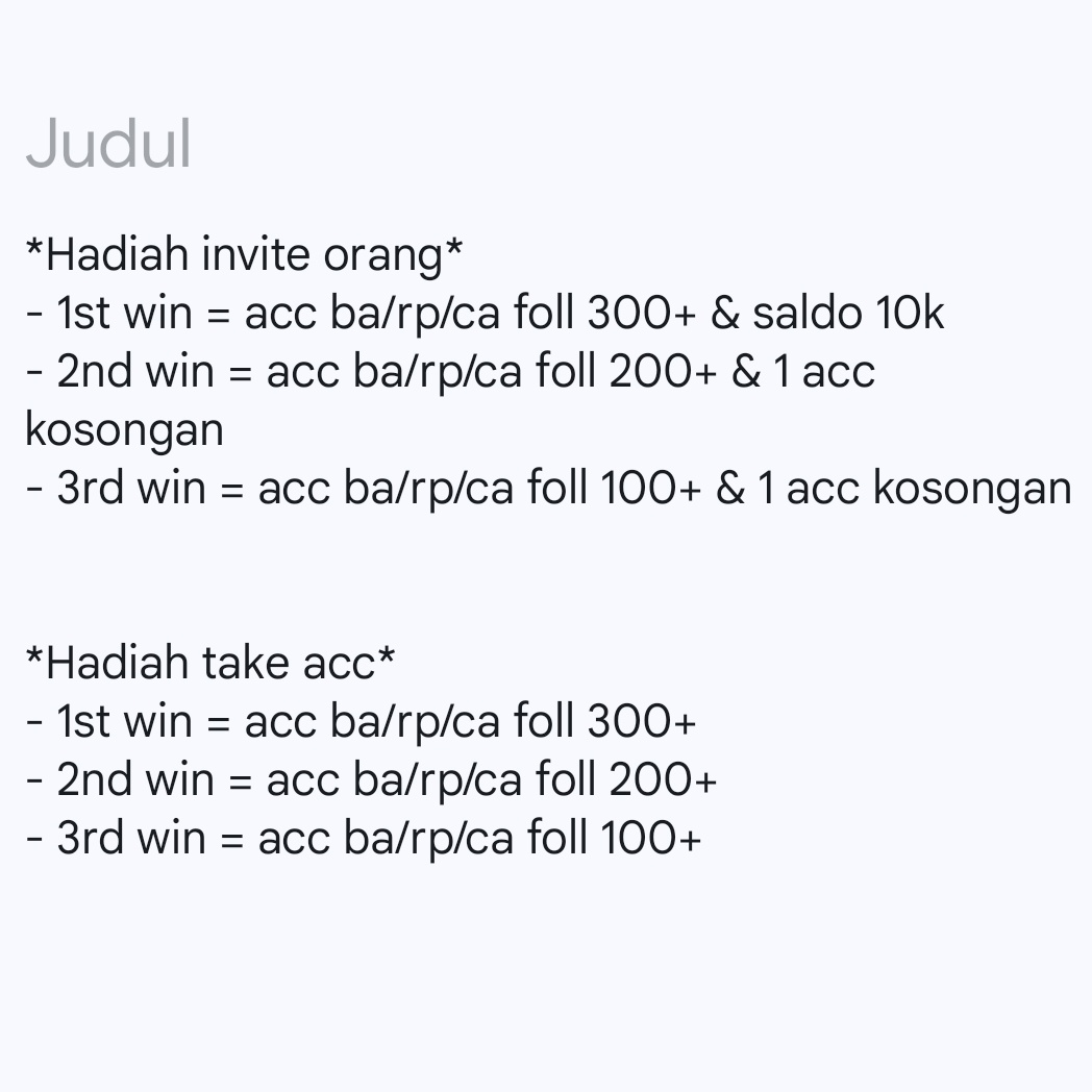 haiiiiiiii🙌🏻
aku lagi opress acc nih, ada acc twitter x kosongan, ca, ba, rp, dll dan ada acc ig &amp; tiktok. admin ramah &amp; fastrespon. open dari pagi sampai ngantuk, no fee no target! yg mau intip pl dulu boleh😊
lagi ada event berhadiah acc+saldo juga loh untuk 6winner😍 #zonauang