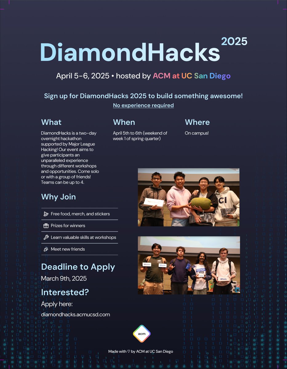 UCSD CSE (@ucsd_cse) on Twitter photo Ready to build something awesome? Join DiamondHacks 2025 on Apr 5–6 at <a href="/UCSanDiego/">UC San Diego</a>!👐
Free merch, workshops, prizes, & more—no experience needed. 🚨Apply by Mar 9.
Sign up: diamondhacks.acmucsd.com
<a href="/UCSDJacobs/">UCSD Engineering</a>
#Hackathon #Tech #Innovation #MLH #ACM #UCSD Ready to build something awesome? Join DiamondHacks 2025 on Apr 5–6 at <a href="/UCSanDiego/">UC San Diego</a>!👐
Free merch, workshops, prizes, & more—no experience needed. 🚨Apply by Mar 9.
Sign up: diamondhacks.acmucsd.com
<a href="/UCSDJacobs/">UCSD Engineering</a>
#Hackathon #Tech #Innovation #MLH #ACM #UCSD