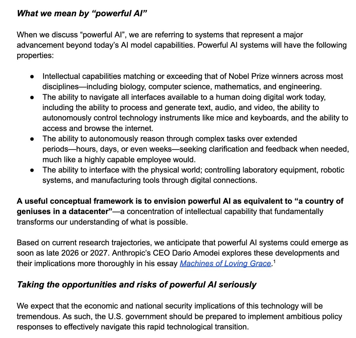 👀 ...Anthropic just told the US government that "powerful AI" is coming in 2-3 years, and by powerful AI they mean systems with Nobel-level intellect across disciplines, full  autonomy, extended reasoning capabilities, and physical world control.

Big if true!