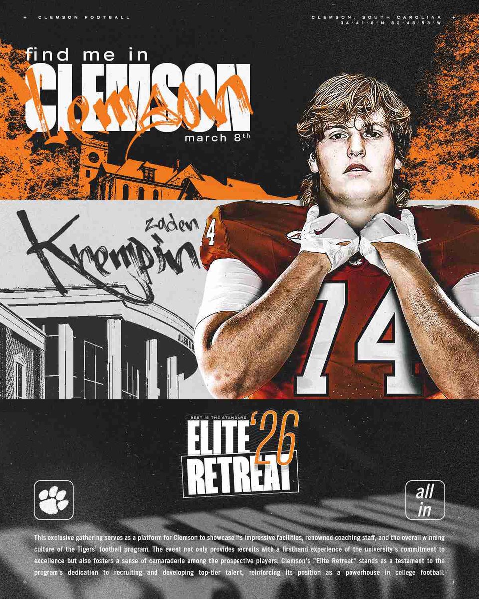 Zaden Krempin (@zadenkrempin) on Twitter photo Look forward to visiting the Clemson Tigers this weekend. <a href="/CoachMattLuke/">Matt Luke</a> @ClemsonOnAthlon <a href="/ClemsonFB/">Clemson Football</a> <a href="/ProsperEaglesFB/">Prosper Eagles FB</a> <a href="/Coach_Hill2/">Malcolm Hill</a> <a href="/Coach_Moore5/">Tyler Moore</a> <a href="/CoachSteamroll/">Coach Brian Thompson</a> Look forward to visiting the Clemson Tigers this weekend. <a href="/CoachMattLuke/">Matt Luke</a> @ClemsonOnAthlon <a href="/ClemsonFB/">Clemson Football</a> <a href="/ProsperEaglesFB/">Prosper Eagles FB</a> <a href="/Coach_Hill2/">Malcolm Hill</a> <a href="/Coach_Moore5/">Tyler Moore</a> <a href="/CoachSteamroll/">Coach Brian Thompson</a>