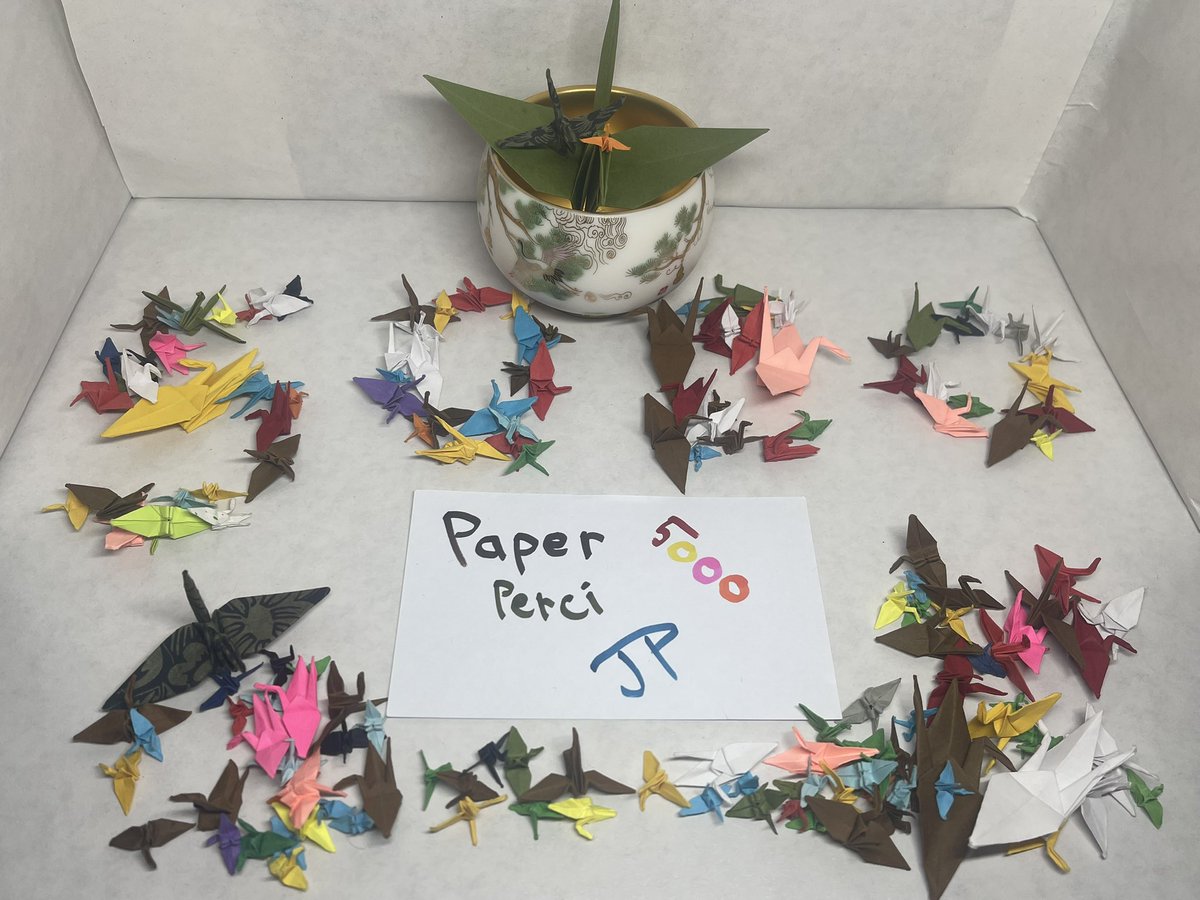 PaperPerci's tweet image. I’ve made 5000 cranes since I started counted in May 2023!! I bought this tea cup to celebrate. Felt it was the perfect one with the tree and cranes