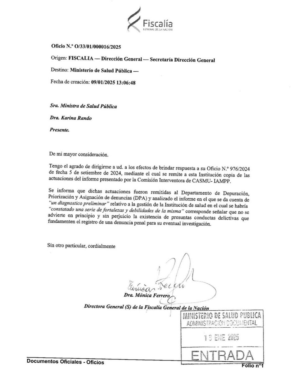 Compartimos con ustedes el acta emitida el 9 de enero de 2025 por la Fiscalía de la Nación, que descarta la existencia de conductas delictivas por parte de las autoridades de CASMU, ante la causa abierta por el MSP, luego del informe presentado por los interventores.

#CASMU