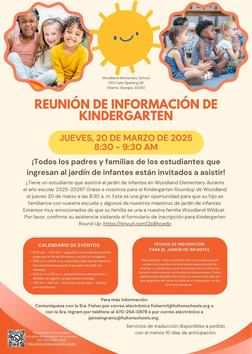 All parents and families of rising kindergarten students are invited to attend Woodland's Kindergarten Round Up! Thursday, March 20, 2025, at 8:30am. We can't wait to greet our future Wildcats!
