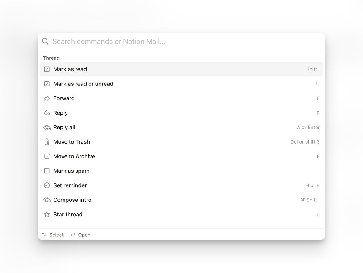 asagi_notion's tweet image. Notion Mailのコマンド一覧は、Macであれば『⌘ + P』で画像のように表示させることができます。

ホバーアクションの設定で追加することもできますが、上記のショートカットを使用して表示させた方が早くて便利です◎