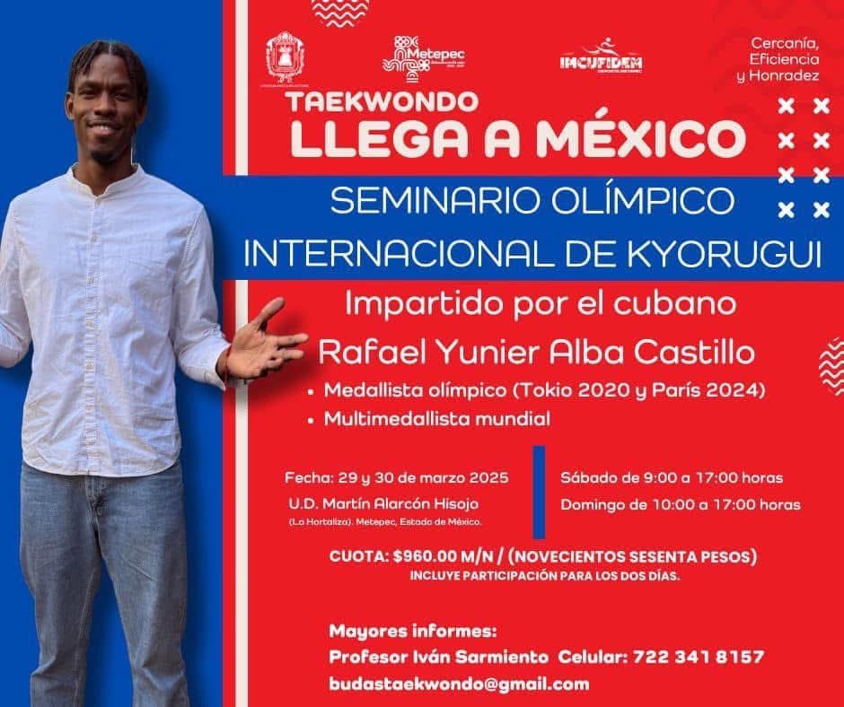 Te invitamos al Seminario Olímpico Internacional de Taekwondo, 🥋🥋 que será impartido por un exponente de talla mundial, Rafael Alba Castillo.

Mayores informes: 7223418157 📱

#EstamosEnLaRuta #IMCUFIDEM