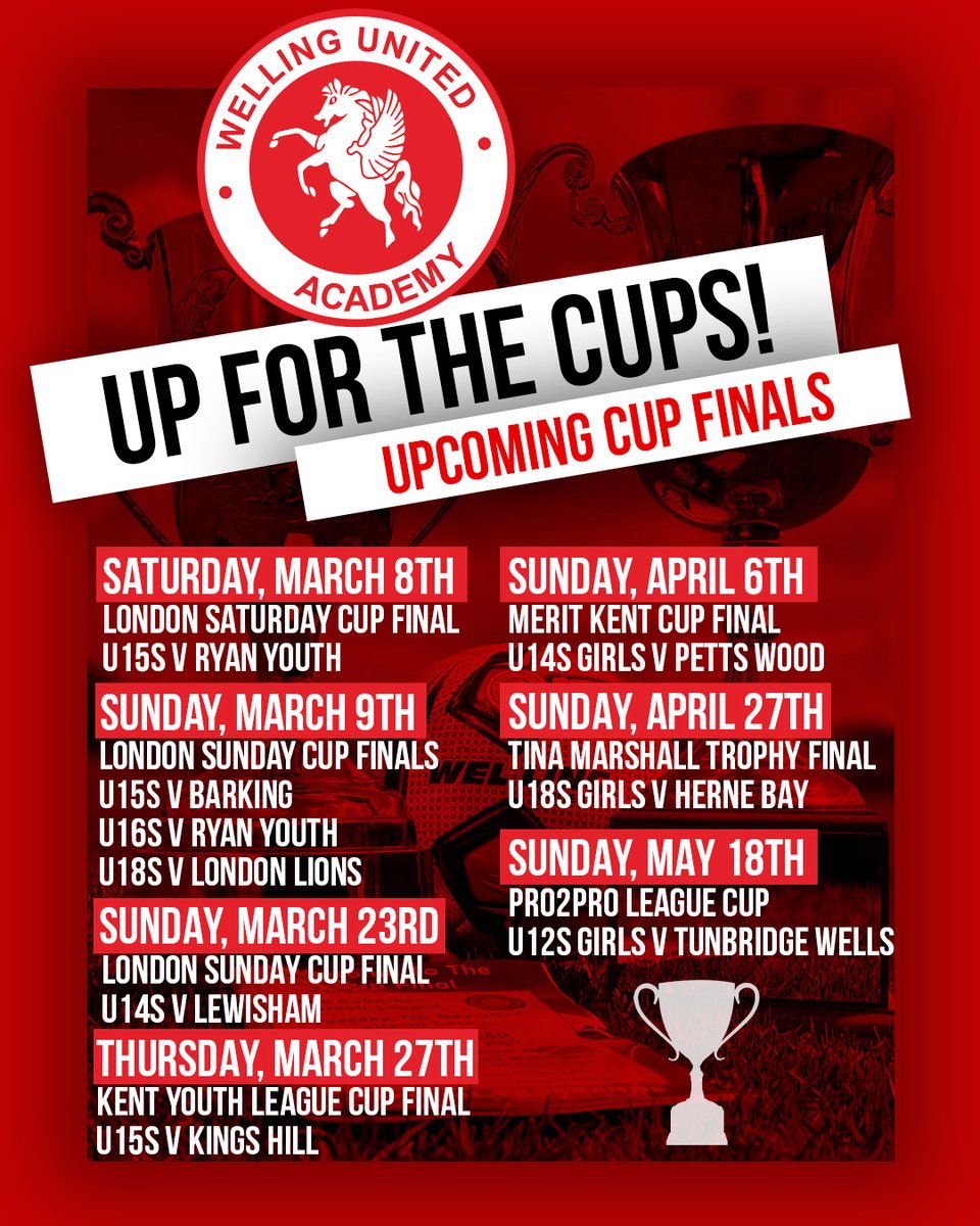 🏆 We are up for the cups! 💪

9️⃣ cup finals are currently booked in for a number of our teams across both of our boys and girls groups, starting this weekend with four finals awaiting in the London Cup. 

Do yourself proud, Wings! 

#wearewings @WellingGirls