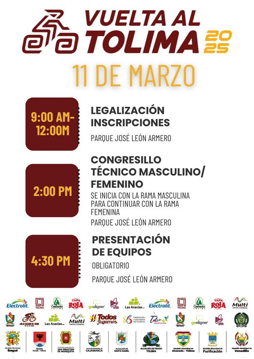 Liga de Ciclismo del Tolima🇨🇴🚴♂️🚴♀️ (@ligcitolima) on Twitter photo #VTolima2025🇨🇴🚴🏻♂️
#VTolimaFemenina🇨🇴🚴♀️
Información de las actividades del día martes 11 de marzo en el marco de la XXIII Vuelta al Tolima Élite-Sub23 y X Femenina <a href="/IndeportesTol/">INDEPORTES TOLIMA</a>
<a href="/mundociclistico/">Mundo Ciclístico</a> <a href="/SebasAraujoVdz/">Sebastián Araújo</a> #VTolima2025🇨🇴🚴🏻♂️
#VTolimaFemenina🇨🇴🚴♀️
Información de las actividades del día martes 11 de marzo en el marco de la XXIII Vuelta al Tolima Élite-Sub23 y X Femenina <a href="/IndeportesTol/">INDEPORTES TOLIMA</a>
<a href="/mundociclistico/">Mundo Ciclístico</a> <a href="/SebasAraujoVdz/">Sebastián Araújo</a>