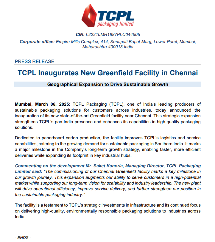 TrilokaniDeepak's tweet image. #TCPLPackaging boosts capacity with a new greenfield facility in #Chennai, dedicated to paperboard cartons, strengthening its footprint across India.

#VBL #VMM #Paytm #CDSL #Cams #kaynes #Bikaji #E2E #PGEL #Epack #KEI #SRF #SDBL #RVNL #REC #PFC #HAL #BEL #AWL #BSE #VPRPL #GRSE