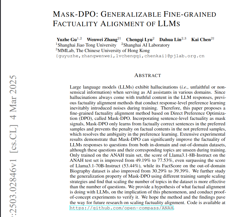 LLMs hallucinate, mixing truthful and false information.

This makes factuality alignment noisy during training because response-level preference learning cannot isolate factual errors.

This paper introduces Mask-DPO. It uses sentence-level factuality masks during Direct