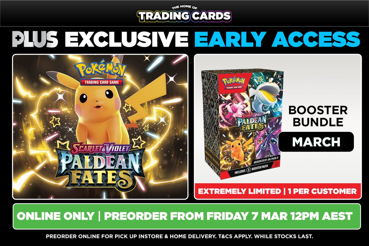 JUST ANNOUNCED!  Preorder Pokmon TCG Paldean Fates Booster Bundle from  12PM AEST TODAY Friday 7 March, with Early Access for EB World PLUS  Members! Your Home of Trading Cards: https://t.co/mJ4FV7qGaZ