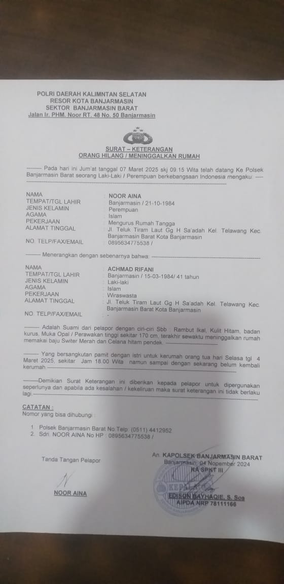 alaybjm's tweet photo. Telah meninggalkan Rumah Ats nama ACHMAD RIFANI 41 Thn,warga jalan teluk tiram laut Gg Sa'adah kel Telawang Kec Banjarmasin Barat,Sampai sekarang belum pulang kerumah,bagi yg mengenali atau mengetahui keberadaan nya bisa menghubungi 
no hp : 0895634775538 (Noor Aina) https://t.co/wF6oYmvVup