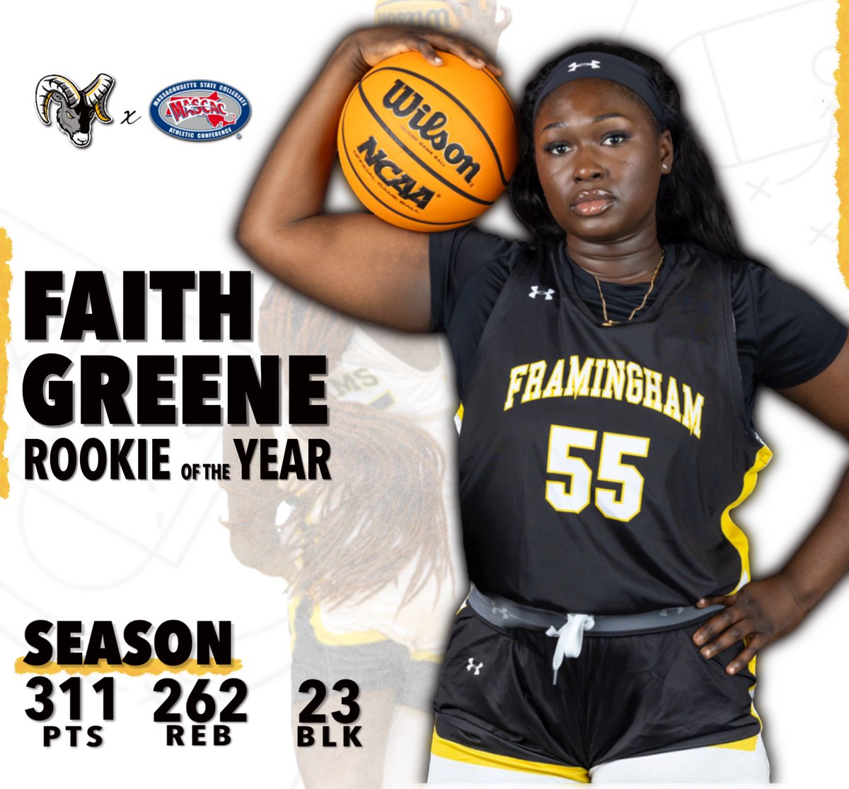 Congratulations to Faith for completing a fantastic rookie season and earning the title of MASCAC Rookie of the Year! Keep up the great work! #fRAMily🏀🐏