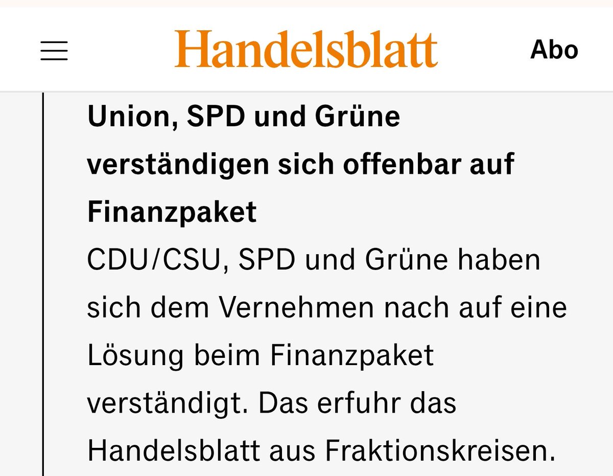 Grüne haben sich wohl mit SPD &amp; CDU/CSU geeinigt. Demnach steht beim Sondervermögen Infrastruktur Zusätzlichkeit &amp; 50 Mrd. zus. in Klima- &amp; Transformationsfonds. Ich halte das aus 3 Gründen für falsch:

1.Historische Chance wäre vertan, Schuldenbremse mind. grundlegend

1/3