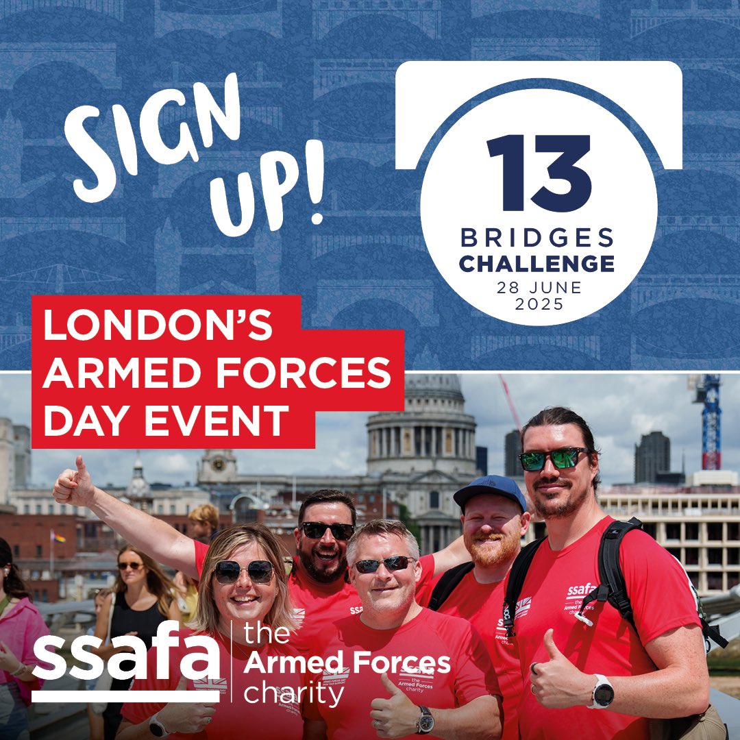 Join us at the 13 Bridges Challenge on 28 June 2025 for a 10-mile walk through London to honour our military community! Sign up by 8 June to get your welcome pack. 

Register now! 👉 bit.ly/4h1SSOp

#13BridgesChallenge #ArmedForcesDay #WalkingEvent #walkingevent