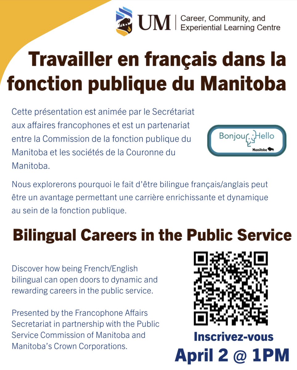 Bilingual Careers in the Public Service
Discover how being French/English bilingual can open doors to dynamic and rewarding careers in the public service. 

April 2 @ 1PM - Register at
umconnect.umanitoba.ca/events.htm?eve…