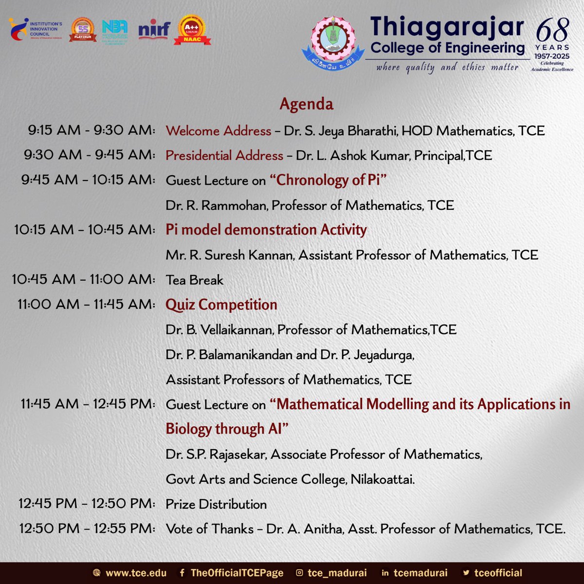tceofficialpage's tweet image. 📢 Pi Day Celebration 2025! 🎉🔢

Join us for guest lectures, a quiz, and a Pi model demo featuring expert faculty! 📊✨

📅 March 14, 2025 | 📍 IT Seminar Hall, TCE
#PiDay2025 #MathClub #TCE