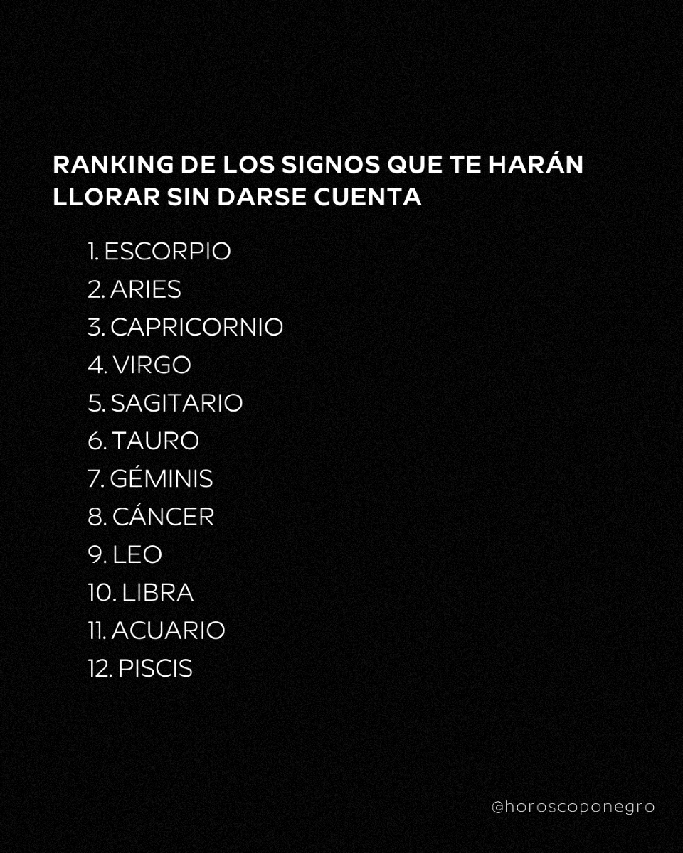horoscoponegro's tweet photo. Ranking de los signos que te harán llorar sin darse cuenta 🔮 https://t.co/CCRRyQeI8z