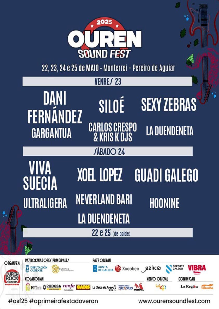 No te pierdas una nueva edición del <a href="/Ourensoundfest/">Ouren sound Fest</a> con <a href="/DaniFdez/">Dani Fernández D.</a> <a href="/VivaSuecia/">Viva Suecia</a> <a href="/xoellopez/">Xoel López</a> <a href="/guadigalego/">Guadi Galego</a> <a href="/siloe_music/">Siloé</a> y mucho más, info:galiciaenconcierto.com/evento/ourenso…
