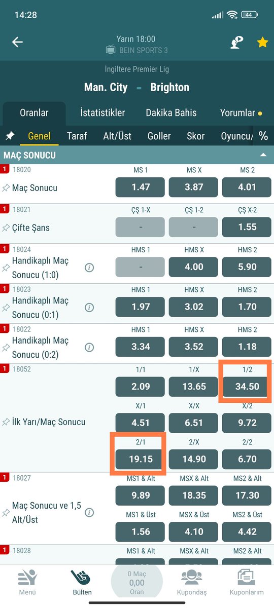 Evet, ben günde 5-6 maç atmam, atmayıda sevmem. Az olsun öz olsun. M . City maçından beklentim 2/1 veya 1/2 tabiki 2/1 ihtimali daha yüksek geliyor, fakat her zaman ters ihtimalini düşünüp öyle alın. Bol şansınız olsun. Bahis alırken üzülücek miktarlarda bahis oynamayın!!! 🍀🍀✍️