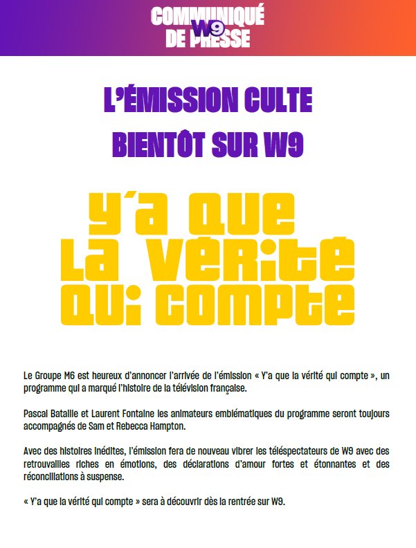 🚨Événement 🚨
L’émission culte « Y’a que la vérité qui compte » revient sur <a href="/W9/">W9</a> à la rentrée avec Laurent Fontaine et Pascal Bataille