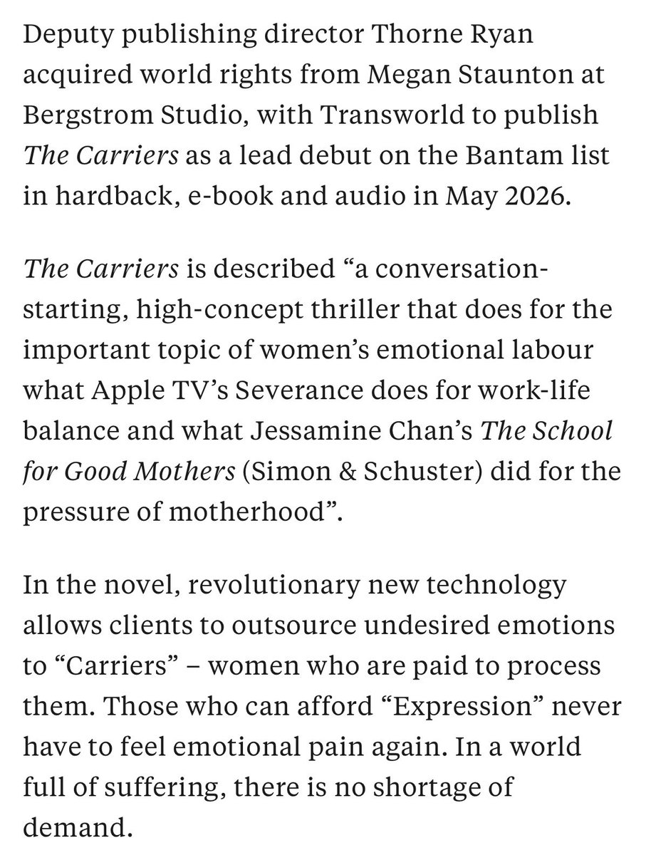 THE CARRIERS 📌 I’m delighted to announce <a href="/RuthENewton/">Ruth Newton</a>’s debut novel, The Carriers, is publishing as a lead title with <a href="/TransworldBooks/">Transworld Books</a> next May. A high concept thriller, the novel asks: would you offload your negative emotions if it meant someone else had to feel them for you?