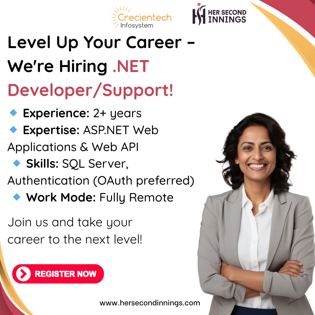 her2nd_innings's tweet image. 🚀 Kickstart Your Next Career Move! 🚀
We're looking for a skilled .NET Developer/Support to join our team! 
Click here:hersecondinnings.com/job-details/?j…
#Hiring #DotNetDeveloper #RemoteWork #CareerGrowth #TechJobs