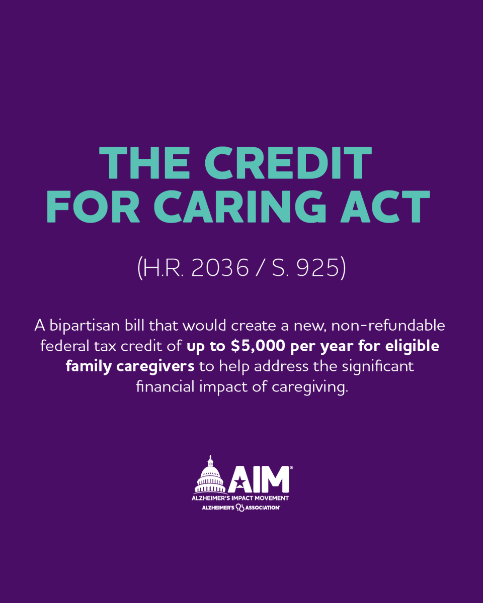 alzcny's tweet image. We’re proud to support the bipartisan #CreditForCaringAct. It will create a non-refundable federal tax credit of up to $5,000 per year for eligible caregivers to help address the financial strain of providing care. Tell Congress to support this bill: bit.ly/3CCMUFb