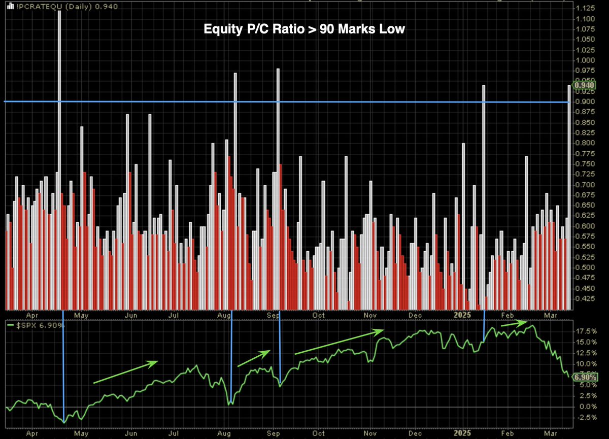 Hedging at ABSOLUTE WRONG TIME...🤯

Equity P/C Ratio jumps above 90 in a single day. Nail🔨 meet coffin⚰️ Reading above 90 has marked every $SPX low over last year, and within days of correction/pullback low every single time since 2022 bear market.

$ES_F $CPCE $SPY $QQQ $NYA