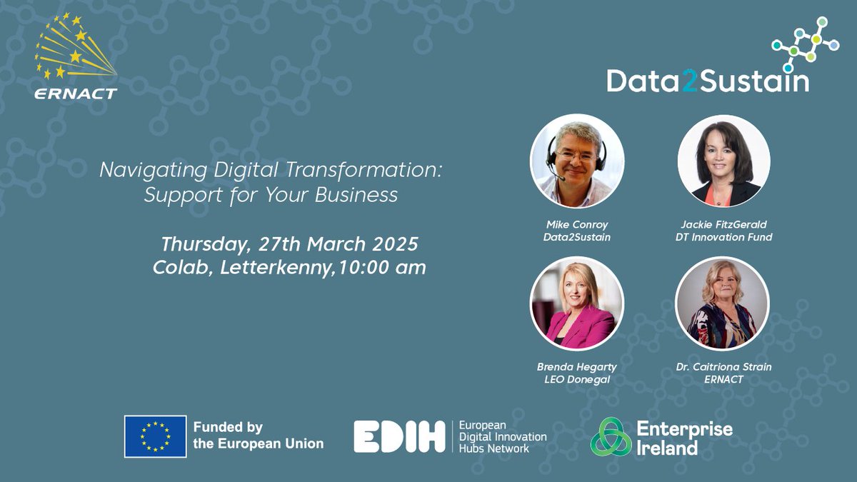 ERNACT Network (@ernact) on Twitter photo 🚀Navigating Digital Transformation: Supports for your business🚀
Join #ERNACT & <a href="/Entirl/">Enterprise Ireland</a> for a <a href="/Data2Sustain/">Data2Sustain</a> workshop on March 27 at #CoLab , Letterkenny (Online option available).
💡 Learn about:
✅ €500M DTIF funding
✅ EU support for digitalisation
✅ Tech solutions for SMEs 🚀Navigating Digital Transformation: Supports for your business🚀
Join #ERNACT & <a href="/Entirl/">Enterprise Ireland</a> for a <a href="/Data2Sustain/">Data2Sustain</a> workshop on March 27 at #CoLab , Letterkenny (Online option available).
💡 Learn about:
✅ €500M DTIF funding
✅ EU support for digitalisation
✅ Tech solutions for SMEs