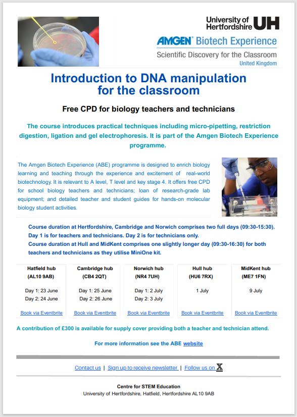 STEM_UH's tweet photo. ABE summer CPD  Introduction to DNA manipulation for the classroom (ABE course 1)  This is a free course for biology teachers and technicians.  Offered at Hatfield, Cambridge, Norwich, Hull and MidKent hubs Book via Eventbrite #ABEProgoffice #TSNphil https://t.co/phBIrbnh2Y