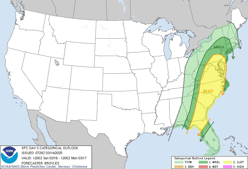 NWSSPC's tweet photo. 2:30am CDT #SPC Day3 Outlook Slight Risk: in the Atlantic Coastal states from northern Florida to southeast Pennsylvania https://t.co/K89lXjsmlK https://t.co/awF3VytIkx