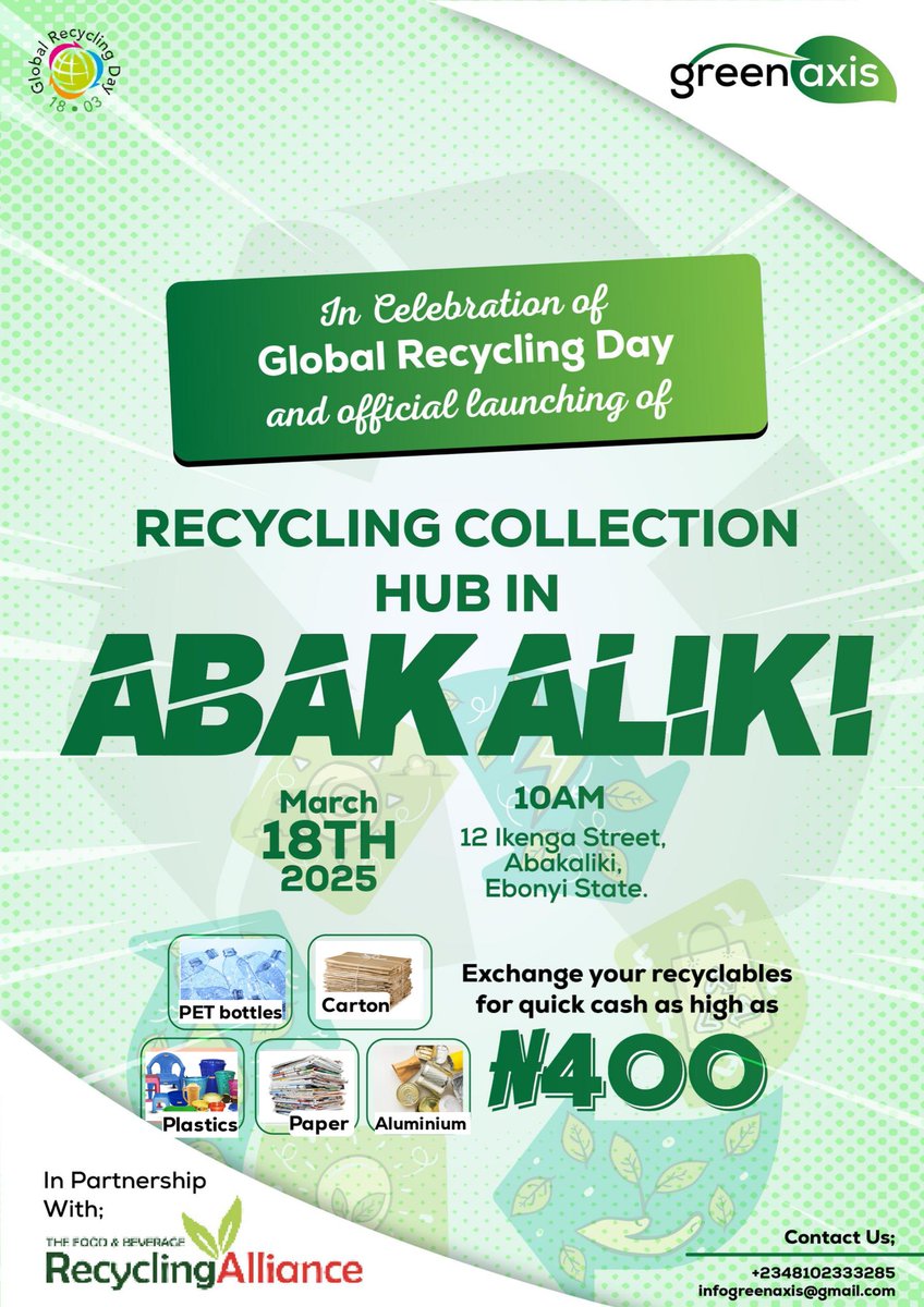 Coming to your doorsteps!!!

Our recycling collection centre launches soon.

See details on flyer!
#Survivor2025 #recyclinginnigeria #globalrecyclingday #fbralliance #greenaxis #wastetowealth