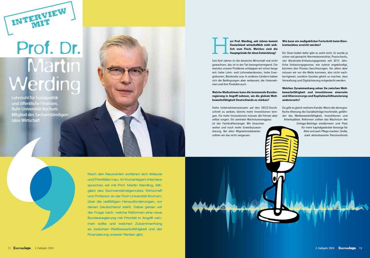 Interview mit Prof. Dr. <a href="/MartinWerding/">Martin Werding</a> in unserem HJ-Bericht #Kurvenlage (S. 12-17). #Wettbewerbsfähigkeit, #Altersvorsorge, #Kapitalmarktunion sind einige der Themen, die wir angesprochen haben. Lesen Sie seine Vorschläge zur #Reform der Altersvorsorge. dai.de/kurvenlage