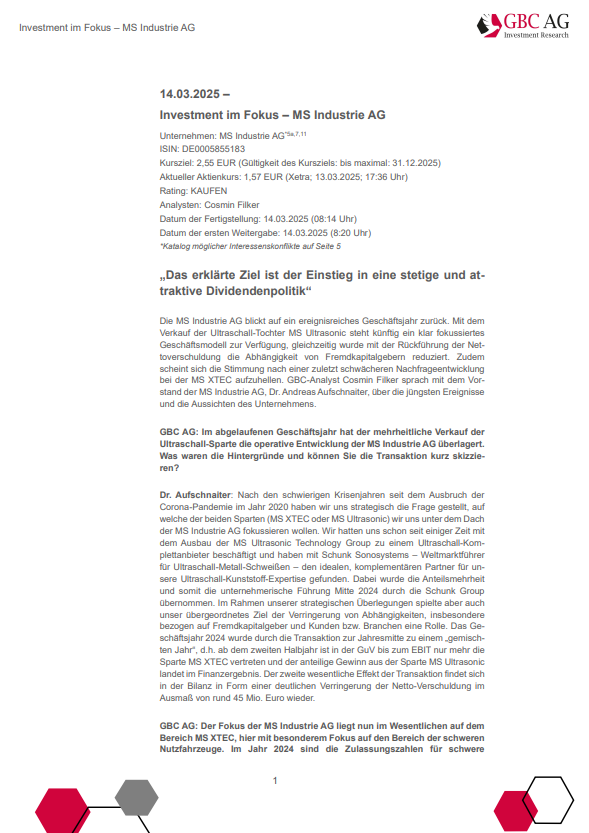 GBC_Research's tweet image. MS Industrie AG (#MSAG) #EquityResearch #ManagementInterview "Das erklärte Ziel ist der Einstieg in eine stetige und attraktive   Dividendenpolitik" #SmallCaps #Börse #Aktie #Research #Industrie t1p.de/rq59l