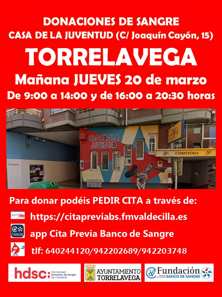 Buenos días. Mañana JUEVES os esperamos en la CASA DE LA JUVENTUD de TORRELAVEGA, de 9:00 a 14:00 y de 16:00 a 20:30 h. Para vuestra comodidad podéis reservar cita en la app Cita Previa Banco de Sangre, en citapreviabs.fmvaldecilla.es o llamando al tlf. 640244120 #DonaVida #Gracias