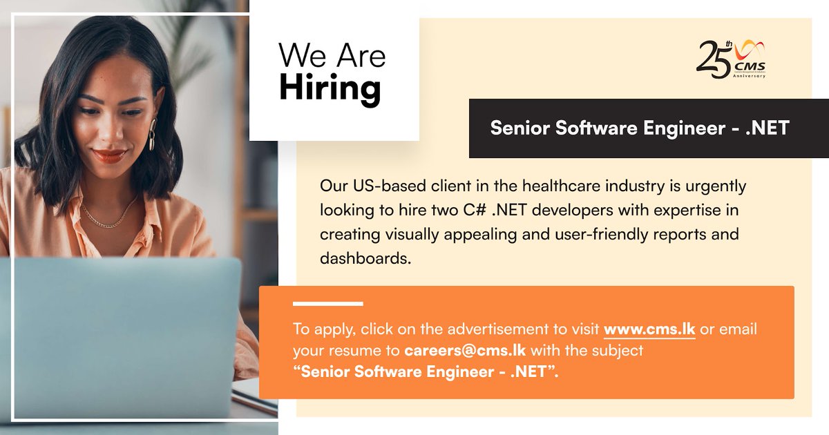 cms_lk's tweet image. Our US-based client in the healthcare industry is urgently looking to hire two C# .NET developers with expertise in creating visually appealing and user-friendly reports and dashboards.
cms.lk/careers/senior…
#csharp #dotnet #posgresql #mssql #mysql #webapps