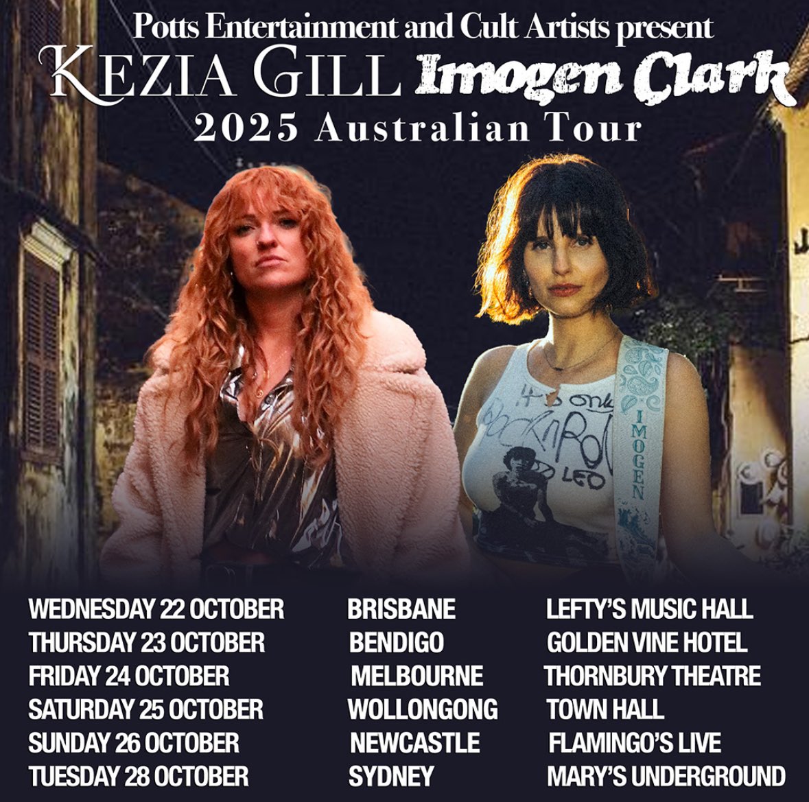 Kezia Gill (@keziagillmusic) on Twitter photo Not only will I be seeing my girl <a href="/imogenclark43/">Imogen Clark</a> <a href="/cmcrocksfest/">CMC Rocks QLD</a> next wknd, but we’re hitting the road together in October on our very own co-headline tour!!!
We’ll be playing shows in Brisbane, Bendigo, Melbourne, Wollongong, Newcastle and Sydney!!🇦🇺❤️🇬🇧
linktr.ee/imogenkezia Not only will I be seeing my girl <a href="/imogenclark43/">Imogen Clark</a> <a href="/cmcrocksfest/">CMC Rocks QLD</a> next wknd, but we’re hitting the road together in October on our very own co-headline tour!!!
We’ll be playing shows in Brisbane, Bendigo, Melbourne, Wollongong, Newcastle and Sydney!!🇦🇺❤️🇬🇧
linktr.ee/imogenkezia