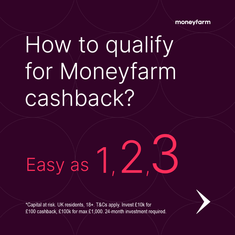 moneyfarmUK's tweet photo. Building your wealth with Moneyfarm just got even more rewarding. For a limited time, we’ll boost your investments with up to £1,000 cashback when you invest or transfer your ISA to us.* Redeem your offer by heading over to: https://t.co/XGVWDxi8Xi 
*Capital at risk. T&amp;Cs apply.