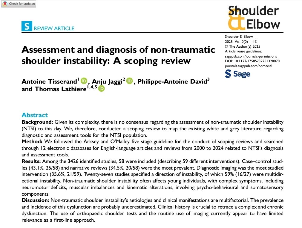 Antoine Tisserand (@antoine_tsd) on Twitter photo 📢 New publication‼️
🔍 Assessment & diagnosis of non-traumatic shoulder instability: A scoping review
Many thanks to <a href="/tlathierePT/">Thomas Lathiere</a>, <a href="/AnjuJaggi/">anju jaggi</a>, and <a href="/PADthePhysio/">PAD</a> for their collaboration!
🔗journals.sagepub.com/doi/10.1177/17… 📢 New publication‼️
🔍 Assessment & diagnosis of non-traumatic shoulder instability: A scoping review
Many thanks to <a href="/tlathierePT/">Thomas Lathiere</a>, <a href="/AnjuJaggi/">anju jaggi</a>, and <a href="/PADthePhysio/">PAD</a> for their collaboration!
🔗journals.sagepub.com/doi/10.1177/17…