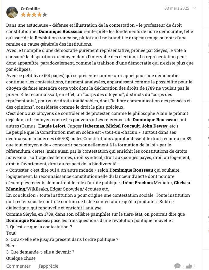 « Avec ce petit livre () les contestations, finement analysées, apparaissent comme la possibilité pour le citoyen de faire entendre cette voix dont la déclaration des droits de 1789 ne voulait pas le priver. »

« Les Contestations »
De Dominique Rousseau
56 p., 10 €, <a href="/Belopolie/">Belopolie</a>