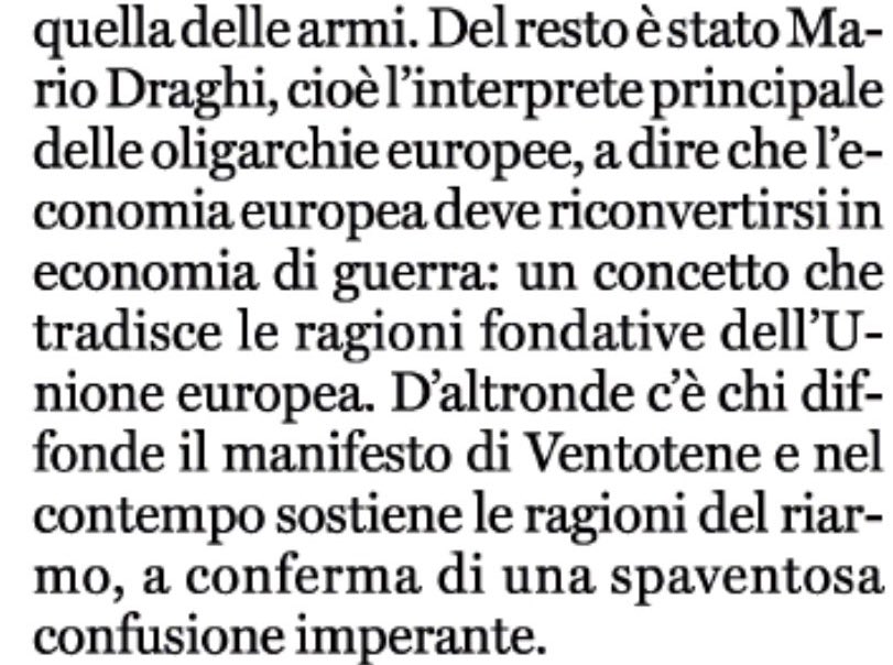 Sul <a href="/fattoquotidiano/">Il Fatto Quotidiano</a> Marco Revelli infila alcune cose di buon senso politico ricordando chi ci ha condotto fino a qui e perché quanti inseriscono nello stesso discorso “Manifesto di Ventotene” e politica bellicista o sono in malafede o sono stupidi
