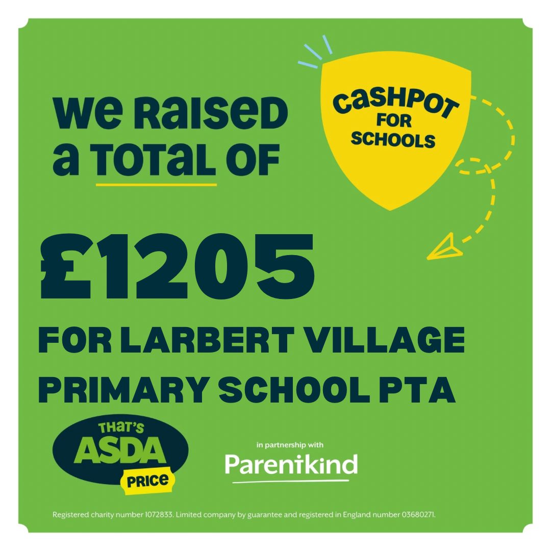A big thank you to <a href="/asda/">Asda</a> and <a href="/Parentkind/">Parentkind</a> - we’ve just received our Cashpot for Schools payment! 

Thank you to all the Larbert Village families and friends for choosing our school to support whilst shopping at Asda! We could not have done this without you!