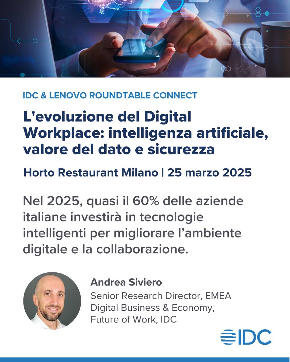 Nel 2025, il 60% delle aziende italiane investirà in tecnologie intelligenti per migliorare il proprio ambiente digitale e la collaborazione.

Scopri come il 25 marzo in questa roundtable di IDC e <a href="/lenovoitalia/">Lenovo Italia</a> sul digital workplace: idc.com/eu/events/7201…

#idc #lenovo