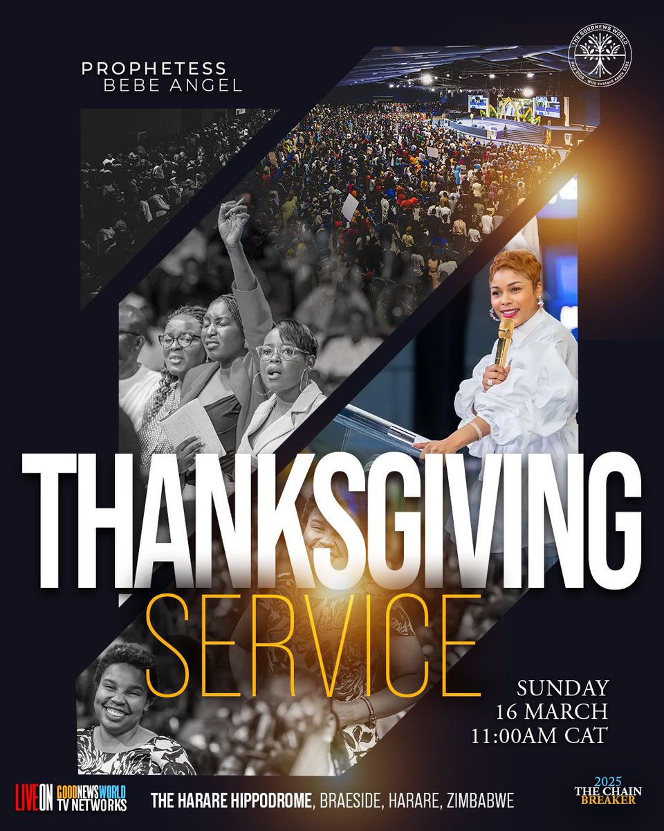 TGNWOfficial's tweet photo. It’s ‘Thanksgiving Sunday’💐

Join us at 11AM CAT, this Sunday, LIVE from The Harare Hippodrome with our beloved Madam President - Prophetess BeBe Angel, here at The Harare Hippodrome🙏

This is going to be amazing✨

#UebertAngel #BeBeAngel #SpiritEmbassy #GoodNewsWorld https://t.co/XVfZzDWQUp