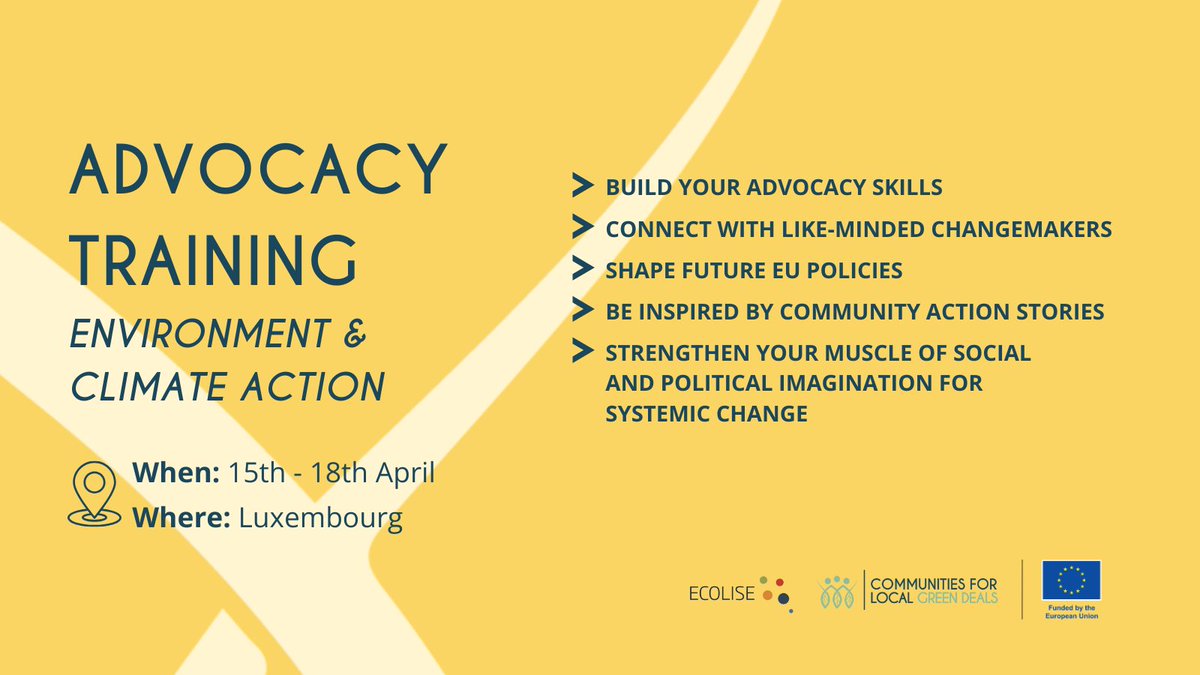Communities for Local Green Deal (@com4lgd) on Twitter photo π‘ What if your voice could shape a fairer, greener Europe?
Join <a href="/ECOLISE/">ECOLISE</a>βs Advocacy Training & General Assembly (April 14-18, Luxembourg)! Gain advocacy skills, connect with changemakers & get inspired by grassroots action.
π
Apply by March 26
communitiesforfuture.org/civicrm/event/β¦ π‘ What if your voice could shape a fairer, greener Europe?
Join <a href="/ECOLISE/">ECOLISE</a>βs Advocacy Training & General Assembly (April 14-18, Luxembourg)! Gain advocacy skills, connect with changemakers & get inspired by grassroots action.
π
Apply by March 26
communitiesforfuture.org/civicrm/event/β¦